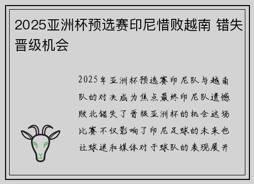 2025亚洲杯预选赛印尼惜败越南 错失晋级机会